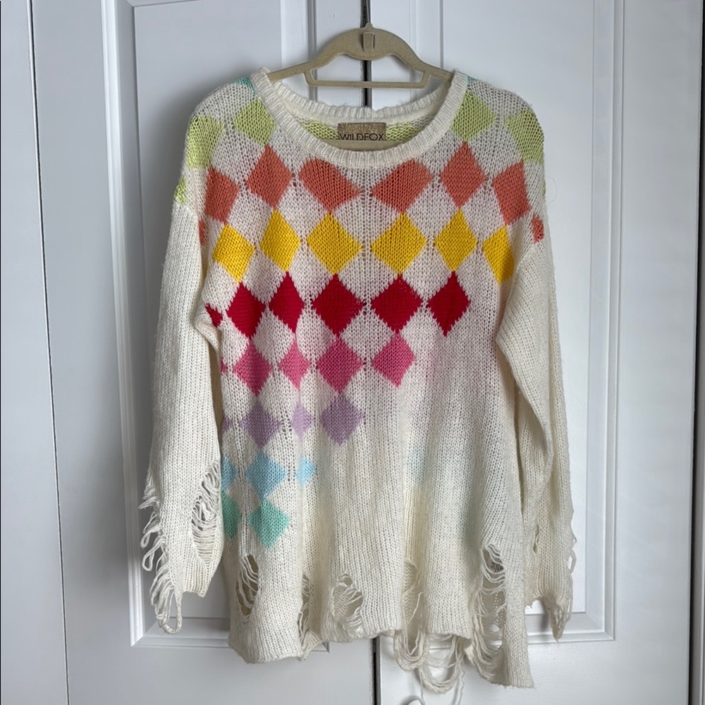 Wildfox White Label Lennon Distressed Multicolor Rainbow Argyle Sweater